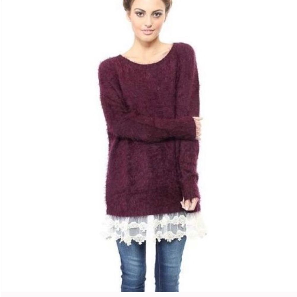 ✨ Fuzzy Lace Trim Sweater✨